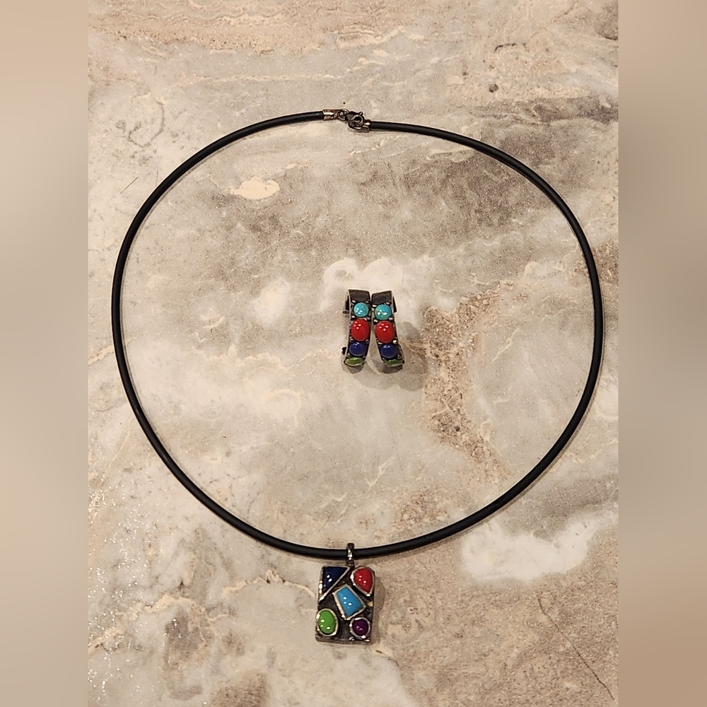 Vintage Silver 925 Multicolor Stone Inlay Pendant Necklace - Women Jewelry